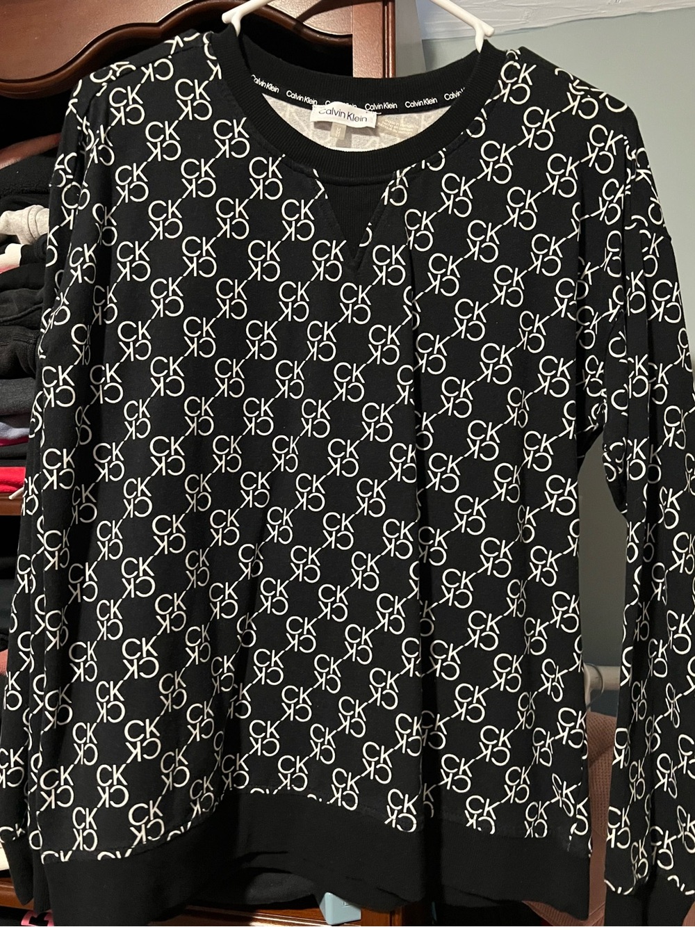 Calvin Klein Black Crewneck Sweater with White CK Logo Pattern
